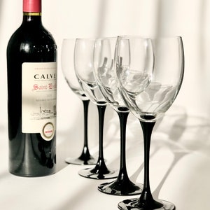 Vintage Luminarc Wine Glasses 12oz, Black Stem Set of Four LARGE Stemware, Wedding Glassware, Retro 1980s Barware Gift