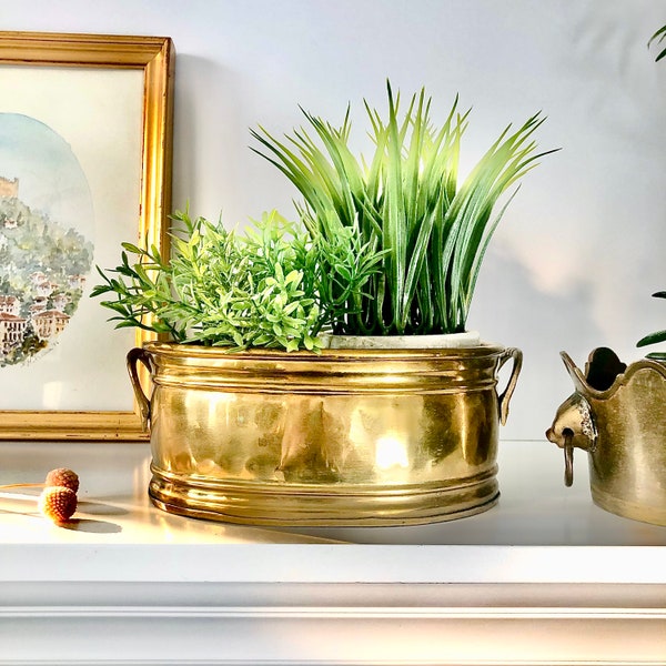 Vintage Brass Planter Pot, Rustic Solid Brass Plant Pots, Oval Indoor Garden Container with Patina, Boho Retro Decor, Plant Lover Gift