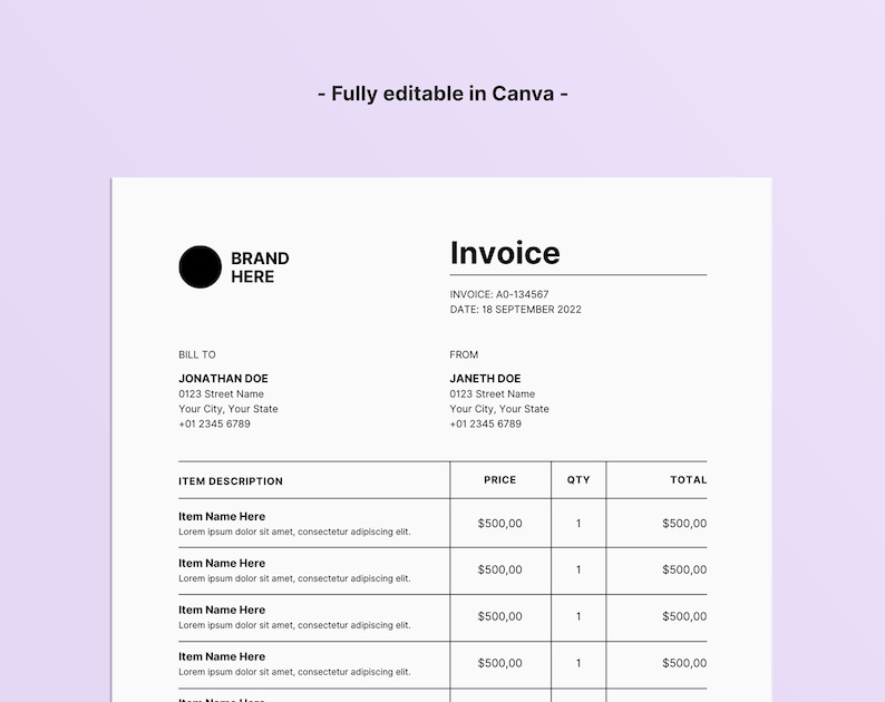 Simple Invoice Editable Canva Template, Printable Invoice Word Template Simple Invoice Editable Canva Template, Printable Invoice Word Template