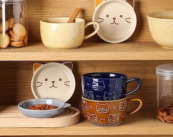Kawaii Unique dog/Cat Ceramic Tea/Coffee Mug with lid/Porcelain Mug with Cover / Cereal Bowl/ Shiba Inu