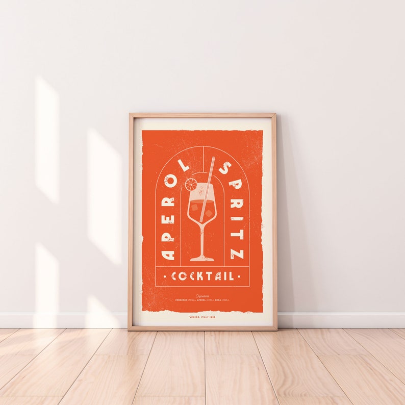 Vintage Aperol Spritz Cocktail Wall Art, Poster, Kitchen Bar Drinks Print, Retro Modern Illustration, Alcohol Gift, Home Bar Decor, Minimal image 1