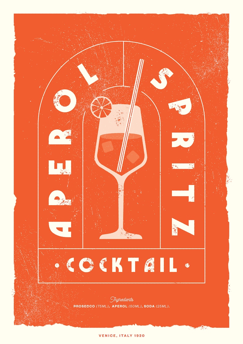 Vintage Aperol Spritz Cocktail Wall Art, Poster, Kitchen Bar Drinks Print, Retro Modern Illustration, Alcohol Gift, Home Bar Decor, Minimal image 3