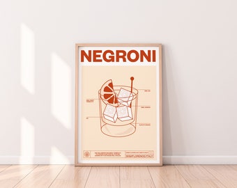 Negroni Cocktail Wall Art, Poster, Kitchen Bar Drinks Print, Retro Modern Illustration, Alcohol Gift, Home Bar Decor, Minimal Design