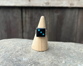 Size 8 Jet & Turquoise Dice Sterling Silver Ring