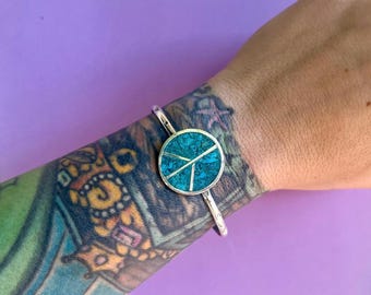 Turquoise Inlay Peace Sign Sterling Silver Cuff