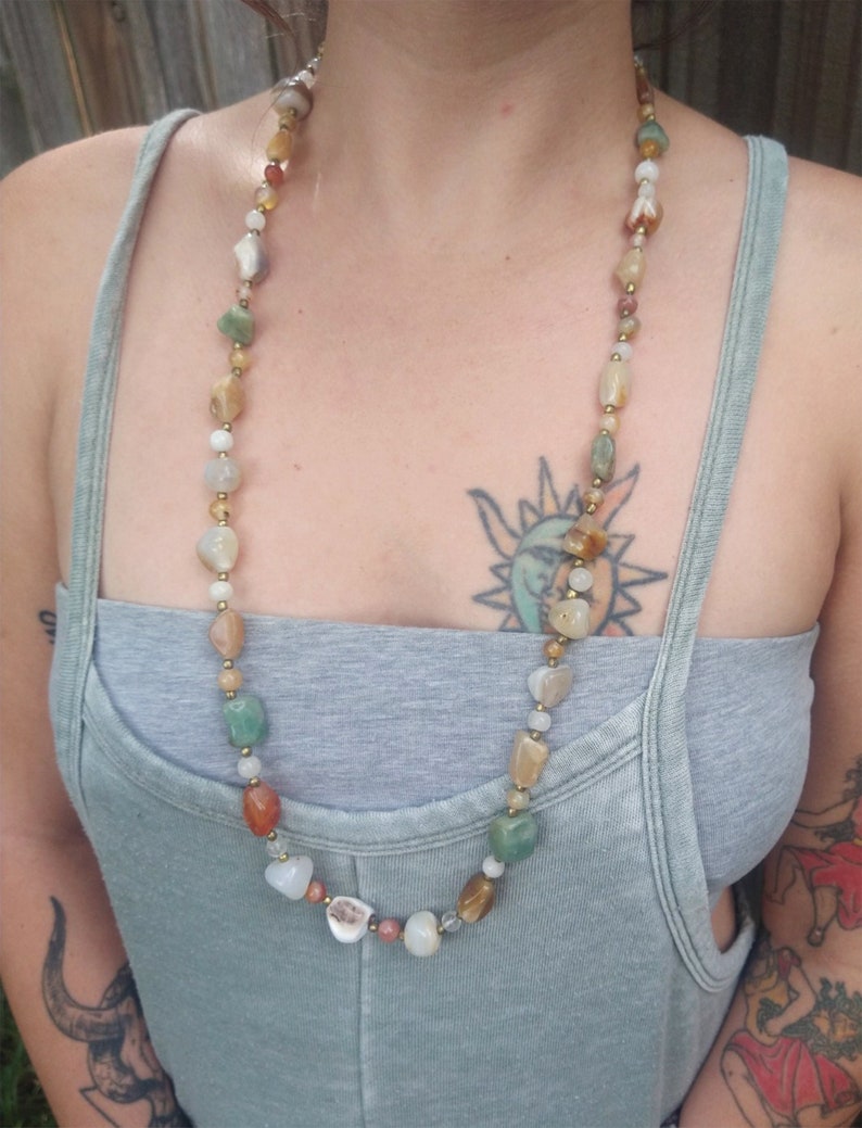 1960s Beggar Beads Agate + Quartz Crystal Nugget Necklace with Brass | Hippie Style buying | Lucky Necklace