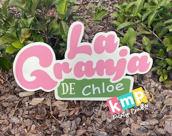 Decoraciones para fiestas con letrero de fondo de La Granja