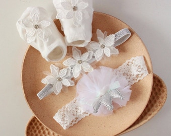 Baby Mädchen Stirnbänder und Schuhe Set (2 Stirnbänder und Ein paar Schuhe),Kind Haar Zubehör, Haarband, Taufe Hochzeit, Babyfotografie