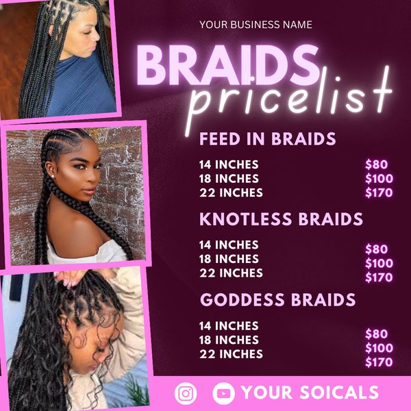 Price List Flyer, Braids Flyer Template, Editable Hair Flyer Template, Salon Price List Template, Trendy Fashion Flyer
