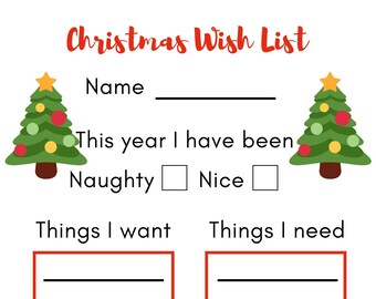 Christmas Wish List Instant Download Digital Letter to Santa Holiday Printable PDF