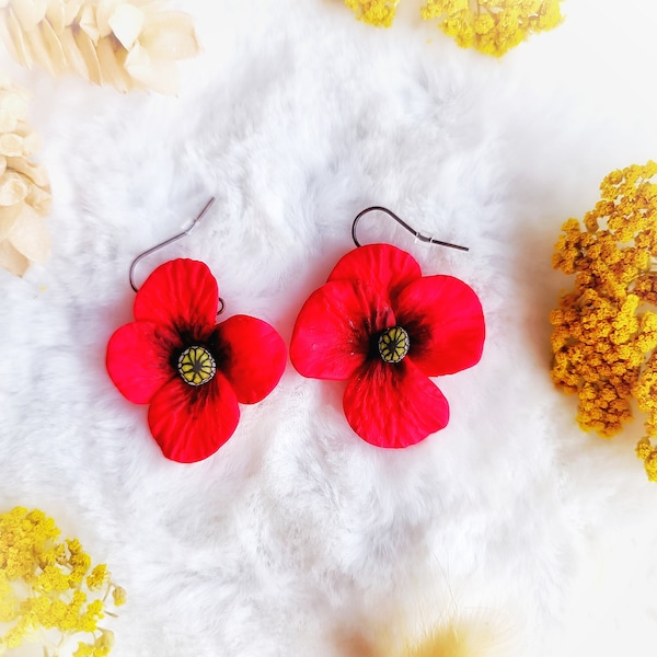 Paire de boucles d'oreilles fleurs de coquelicots, flower, nature, fimo