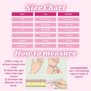 May include: A size chart for necklaces and chokers, with measurements in inches and centimetres. The chart shows the size of the necklace or choker in inches and centimetres, as well as the corresponding size in XS, S, M, L, choker, and necklace. The chart also includes instructions on how to measure your wrist for the perfect fit.