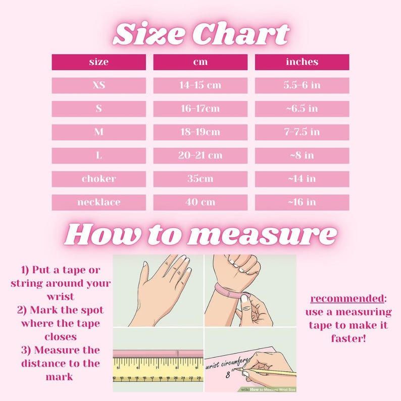 May include: A size chart for necklaces and chokers, with measurements in inches and centimetres. The chart shows the size of the necklace or choker in inches and centimetres, as well as the corresponding size in XS, S, M, L, choker, and necklace. The chart also includes instructions on how to measure your wrist for the perfect fit.