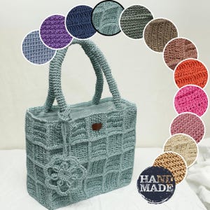Stricktasche aus Papierseil, Gitterdesign, floraler Akzent, Kunstleder-Detail, Hand- & Schultertasche - Vuhhu