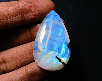Super Flashy Blue Rainbow Moonstone Cabochon, Pear Shape Loose Gemstone, Top Grade Rainbow Moonstone For Jewelry Making !!!