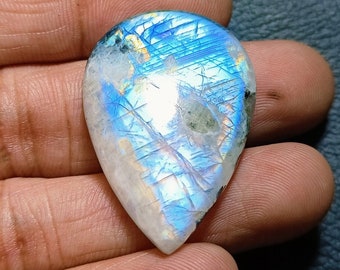 Wow ~ Blue Flashy Rainbow Moonstone Pear Shape Cabochon Size - 34x23x5 Mm. AAA Moonstone At Lowest Price Loose Gemstone Use For Jewelry.!!