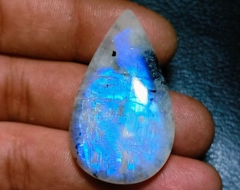 Best Quality  Full Blue Fire White Rainbow Moonstone,  Pear Shape Cabochon, Both Side Polish Loose Gemstone Cabochon, Size:- 43x25x7 MM !!!