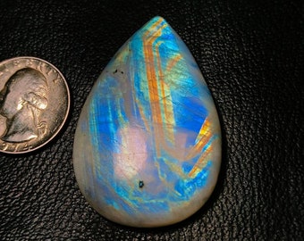 Super Flashy Rainbow Moonstone Cabochon, Size:- 47x32x7 MM & 100 Carat Pear Shape Rainbow Moonstone, Blue Rainbow Moonstone For Jewelry !!!