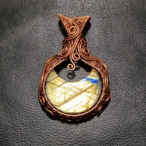 Stunning Yellow Labradorite Moon Cabochon with Amazing Flash Copper Pendant. Handmade Wire Wrapped Jewlery Gift For Her