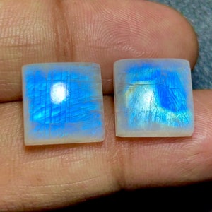 Top Grade Blue Fire Moonstone Cabochon! Square Shape Gemstone Lot. High Hand Polished Rainbow Moonstone Back Flat. Size 5 to 20 MM..