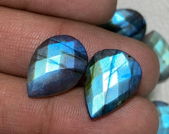 Briolette Labradorite Pair 100% Natural Blue Fire Labradorite Both Side Checker Cut Loose Gemstone Size - 6x8 - 20x30 MM For Making Jewelry.