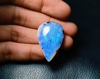 Blue Flashy Rainbow Moonstone Cabochon, Pear Shape Natural Rainbow Moonstone, Genuine White Rainbow Moonstone For Jewelry !!!