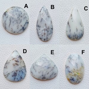 K&ouml;nnte beinhalten: Sechs wei&szlig;e dendritische Opal-Edelsteine in verschiedenen Formen: rund, tropfenf&ouml;rmig und dreieckig. Jeder Stein weist einzigartige schwarze und braune, farnartige Einschl&uuml;sse auf. Die Edelsteine werden auf einer hellen Oberfl&auml;che pr&auml;sentiert.