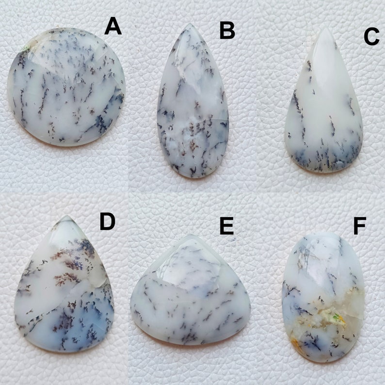 K&ouml;nnte beinhalten: Sechs wei&szlig;e dendritische Opal-Edelsteine in verschiedenen Formen: rund, tropfenf&ouml;rmig und dreieckig. Jeder Stein weist einzigartige schwarze und braune, farnartige Einschl&uuml;sse auf. Die Edelsteine werden auf einer hellen Oberfl&auml;che pr&auml;sentiert.