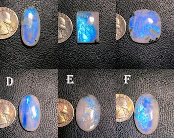 May include: Six polished moonstone gemstones in various shapes, including oval and rectangular. The stones display iridescent blue and white flashes. Each stone is next to a quarter for size comparison. The gemstones are set against a black leather background.
