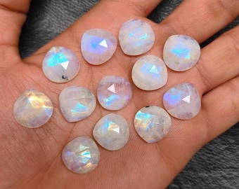 Blue Flash Moonstone Heart Cabochon | 6 To 20 MM One-Sided Checker Cut Faceted Natural Moonstone Gemstone for Pendant & Ring Design.