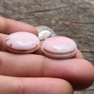 May include: Two pink opal cabochons, oval-shaped with a layered design, are displayed. The gemstones have a soft, translucent appearance with subtle variations in color. The cabochons are held in a hand, showcasing their polished surfaces and natural beauty.