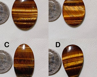 May include: Four polished tiger's eye gemstones in various shapes: oval, teardrop, and rounded. The stones display bands of golden brown and dark brown colors. A quarter coin is next to each stone for size comparison.