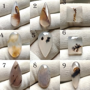 Pode incluir: Nove cabochões de pedras preciosas polidas em várias formas, incluindo gota e oval. As pedras exibem padrões naturais em tons de castanho, branco e cinza. Alguns apresentam inclusões em forma de árvore, outros desenhos em espiral ou salpicados.