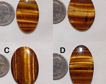 May include: Four oval-shaped tiger's eye gemstones with a polished finish. The gemstones display bands of golden brown and dark brown hues. Each stone is next to a quarter for size comparison. The gemstones are likely for jewelry making.