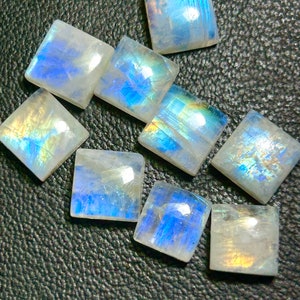 AAA+ Quality Blue Fire Moonstone Cabochon! Square Shape Gemstone Lot. High Hand Polished Rainbow Moonstone Back Flat. Size 5 to 20 MM..