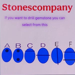 May include: Image with the text "Stonescompany". Below the text are six blue oval shapes labeled A through F. The text below the company name reads "If you want to drill gemstone you can select from this."
