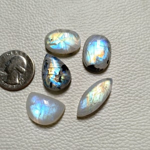 Gorgeous ! Multi Blue Flashy Rainbow Moonstone Mix Shape Size Cabochon Hand Made Loose Gemstone 5 Pcs LOT Best For Making All Jewelry.!!