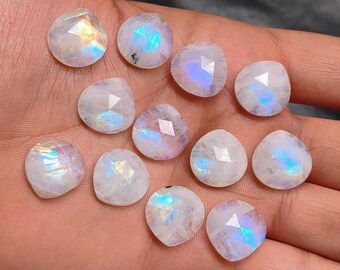 Blue Flash Moonstone Heart Cabochon | 6 To 20 MM One-Sided Checker Cut Faceted Natural Moonstone Gemstone for Pendant & Ring Design.