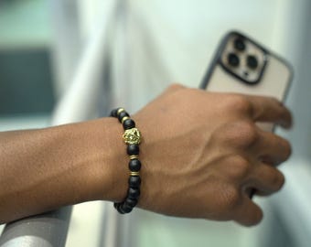 Schwarz Perlen Gold Lion Armband