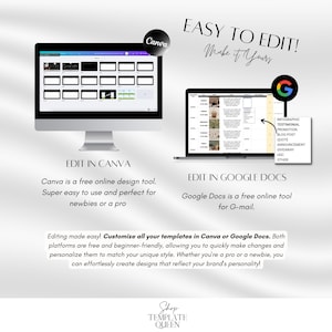 May include: A graphic showing two computer screens with the text "Easy to Edit! Make it Yours" at the top. The left screen shows a Canva interface with a template for a social media post. The right screen shows a Google Docs interface with a template for a social media post. The text "Edit in Canva" and "Edit in Google Docs" is below each screen. The text "Canva is a free online design tool. Super easy to use and perfect for newbies or a pro" is below the Canva screen. The text "Google Docs is a free online tool for G-mail." is below the Google Docs screen. The text "Editing made easy! Customize all your templates in Canva or Google Docs. Both platforms are free and beginner-friendly, allowing you to quickly make changes and personalize them to match your unique style. Whether you're a pro or a newbie, you can effortlessly create designs that reflect your brand's personality!" is below the two screens. The text "Shop Template Queen" is at the bottom of the graphic.