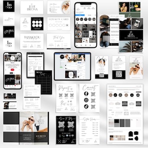 May include: A collection of black and white marketing materials for a beauty salon called "The Blue Bronx". The materials include a logo, business cards, social media templates, a sign-in sheet, a payment information sheet, a connect with us sheet, a store hours sheet, and a color palette guide.