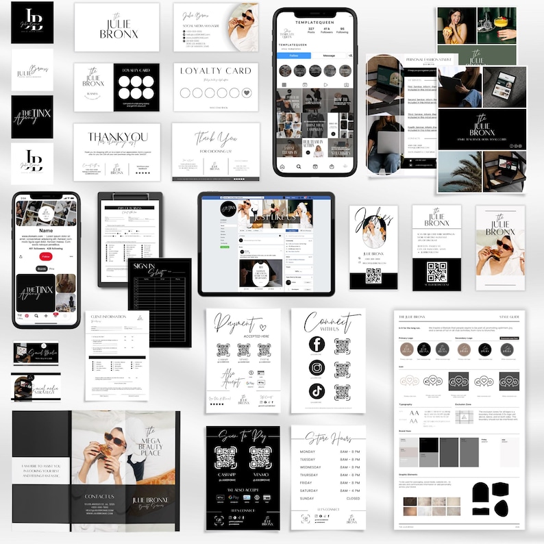 May include: A collection of black and white marketing materials for a beauty salon called "The Blue Bronx". The materials include a logo, business cards, social media templates, a sign-in sheet, a payment information sheet, a connect with us sheet, a store hours sheet, and a color palette guide.