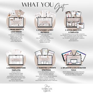 May include: A colorful infographic with the text "What You Get" in a pink and white font. The infographic is divided into six sections, each with a different color and a title describing the type of templates included. The sections are: Brand Identity & Logo Design, Stationery & Print Materials, Social Media Kits & Templates, Business Operations Templates, Marketing & Growth Strategies, and Influencer & Collaboration Tools. The infographic also includes the text "Shop Template Queen" in a pink and white font.