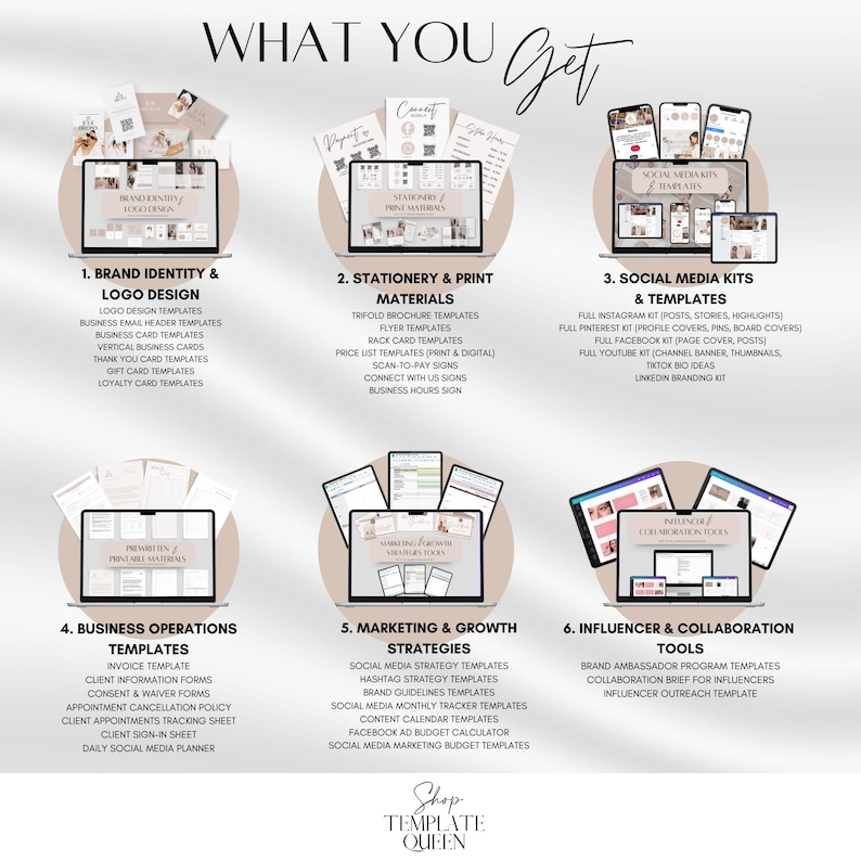 May include: A colorful infographic with the text "What You Get" in a pink and white font. The infographic is divided into six sections, each with a different color and a title describing the type of templates included. The sections are: Brand Identity & Logo Design, Stationery & Print Materials, Social Media Kits & Templates, Business Operations Templates, Marketing & Growth Strategies, and Influencer & Collaboration Tools. The infographic also includes the text "Shop Template Queen" in a pink and white font.