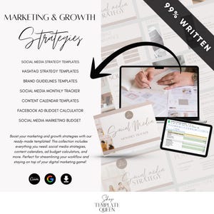 May include: A digital marketing resource kit with templates for social media strategy, hashtag strategy, brand guidelines, social media monthly tracker, content calendar, Facebook ad budget calculator, and social media marketing budget. The kit is 99% written and includes a Canva logo.