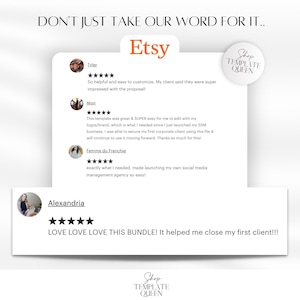 May include: A screenshot of Etsy reviews for a digital product. The reviews are positive and highlight the ease of use and effectiveness of the product. The text in the image reads "DON'T JUST TAKE OUR WORD FOR IT..." and "LOVE LOVE LOVE THIS BUNDLE! It helped me close my first client!!!"