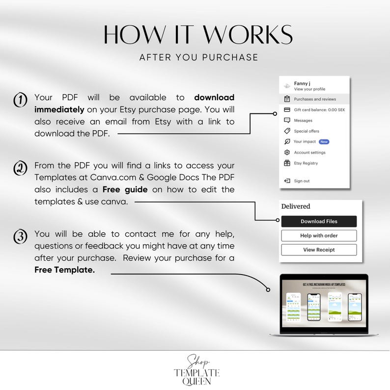 May include: A graphic with three numbered steps explaining how to download and use a digital template. The steps include downloading the PDF, accessing the templates on Canva and Google Docs, and contacting the seller for help. The graphic also includes a screenshot of a laptop displaying a digital template.