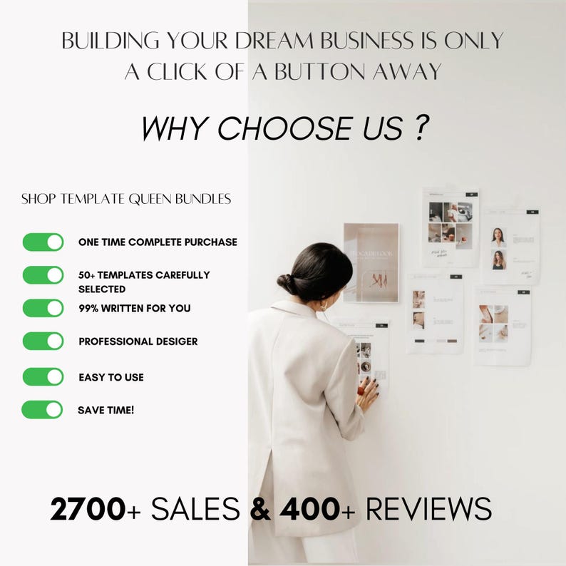 May include: A white wall with a woman standing in front of it. The wall has several framed prints on it. The woman is looking at a print that says "Shop Template Queen Bundles". The text on the wall says "Building your dream business is only a click of a button away" and "Why choose us?" There are green toggle switches with text next to them: "One time complete purchase", "50+ templates carefully selected", "99% written for you", "Professional designer", "Easy to use", and "Save time!" The text at the bottom of the image says "2700+ Sales & 400+ Reviews".