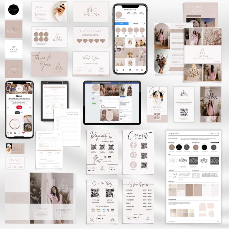 May include: A collection of digital and printed marketing materials for a business called "Julie Bronx". The materials include a logo, business cards, social media graphics, a loyalty card, a thank you card, a payment and connect with us sheet, a store hours sheet, and a brand guide.