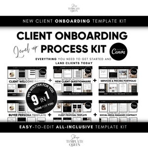 May include: A black and white graphic design for a client onboarding process kit. The text reads "Client Onboarding Jewel Up Process Kit Made in Canva Everything You Need to Get Started and Land Clients Today". The kit includes 9 templates, including a client welcome packet, new client questionnaire, services and pricing portfolio, buyer persona template, client proposal template, and social media manager contract. The text "99% Written for You 9 in 1 Done for You" is in a black circle.